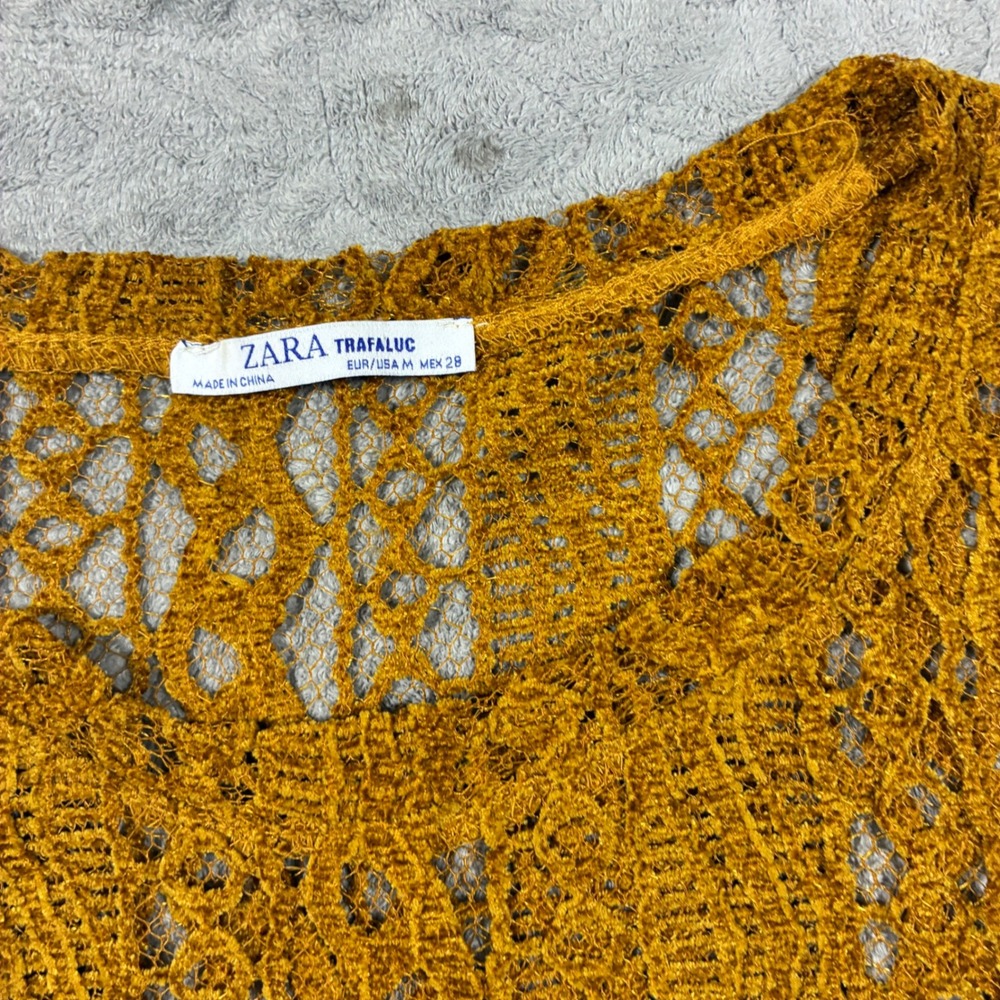 Zara Mesh Crochet Lace Short Sleeve Top Size M Gold Festival Layering Glam - Picture 3 of 8